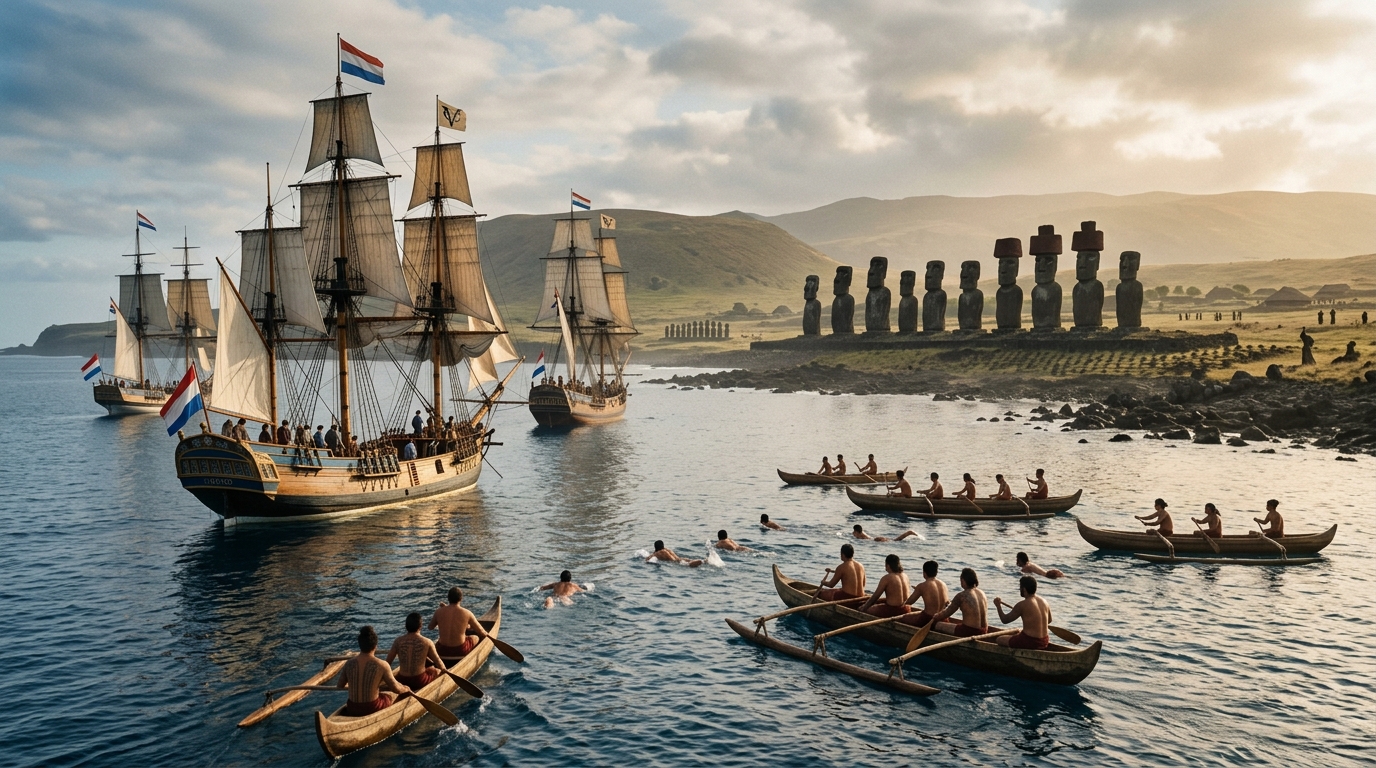 Quando o navio holandês Roggeveen ancorou perto da Ilha de Páscoa no Domingo de Páscoa de 1722, sua tripulação contou entre 2.000 e 3.000 ilhéus vivendo ao lado de 900 estátuas que ninguém conseguia explicar