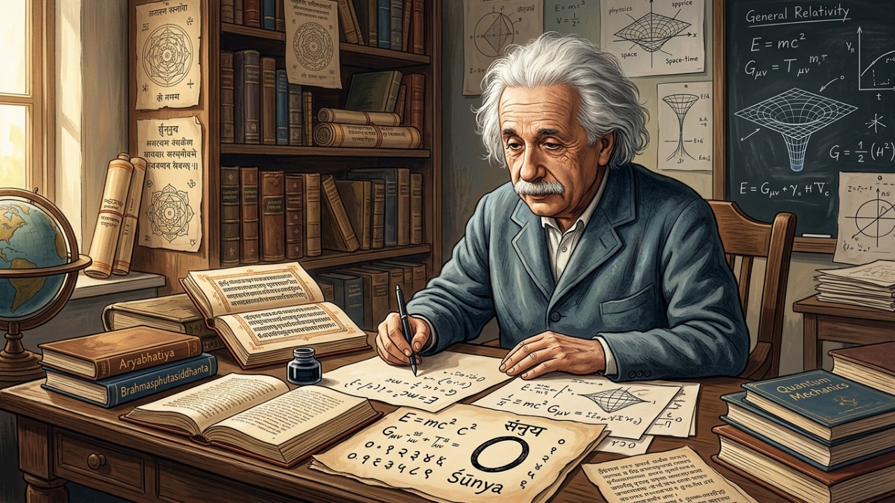 Frase de Albert Einstein sobre a ciência: “Devemos muito aos indianos, que nos ensinaram a contar, técnica sem a qual nenhuma descoberta científica relevante poderia ter sido feita.” Uma reflexão sobre a origem das grandes descobertas