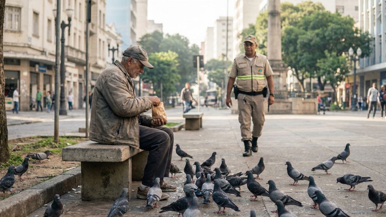 Aposentado leva comida para os pombos da praça diariamente até ser abordado pela fiscalização e descobrir que poderia receber multa