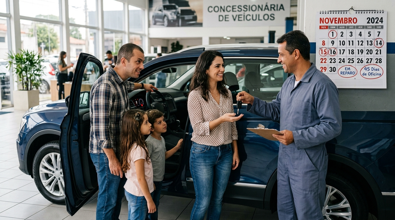 Família compra SUV zero no consórcio com carta de crédito de R$ 120 mil, retira o veículo e em 22 dias o painel acende 3 luzes de falha, concessionária segura o carro por 45 dias na oficina e devolve com o mesmo problema
