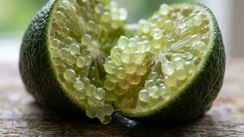 Essa fruta cítrica raríssima é conhecida como limão de luxo e possui gomos que parecem pequenas bolinhas de caviar que estouram na boca