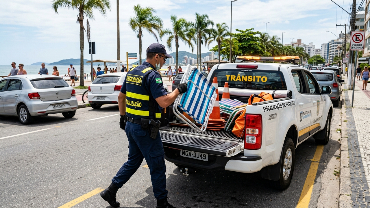 Morador coloca cadeira de praia para reservar vaga pública na rua e fiscalização recolhe o objeto além de aplicar multa de R$ 195 reais