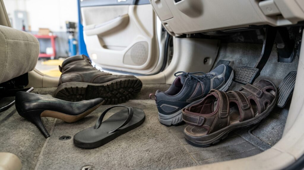 Homem é parado numa blitz dirigindo de chinelo e já se prepara para a multa, mas o agente explica que isso não existe no Código de Trânsito — o que dá multa é o calçado que atrapalha o controle dos pedais