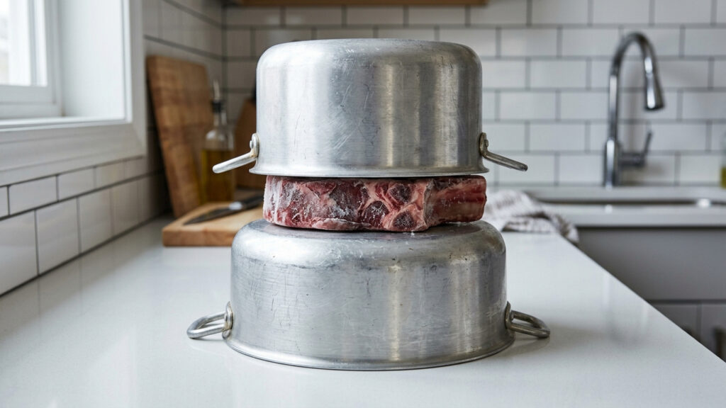 Descongelar carne fora do micro-ondas: a técnica das panelas de alumínio que acelera o degelo na pia de forma natural sem cozinhar a borda