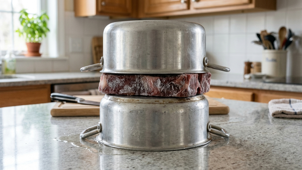 Descongelar carne fora do micro-ondas: a técnica das panelas de alumínio que acelera o degelo na pia de forma natural sem cozinhar a borda