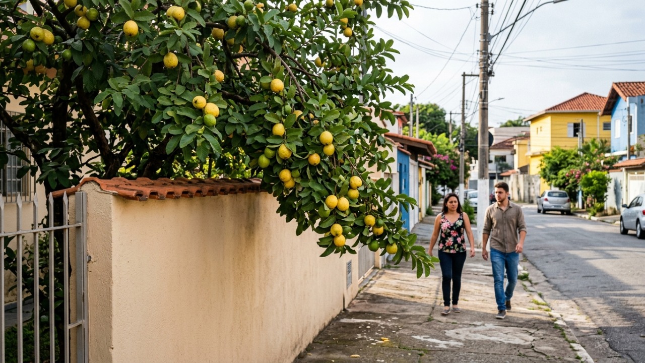Homem colhe frutas de um galho que avançava sobre a calçada, mas morador aparece e diz que tudo ainda pertencia à árvore dentro do quintal