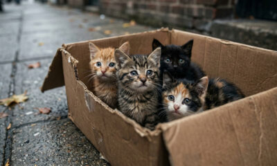 Homem deixa caixa com 4 gatinhos na porta de clínica veterinária fechada e acaba indiciado em crime que prevê até 5 anos de prisão por abandono