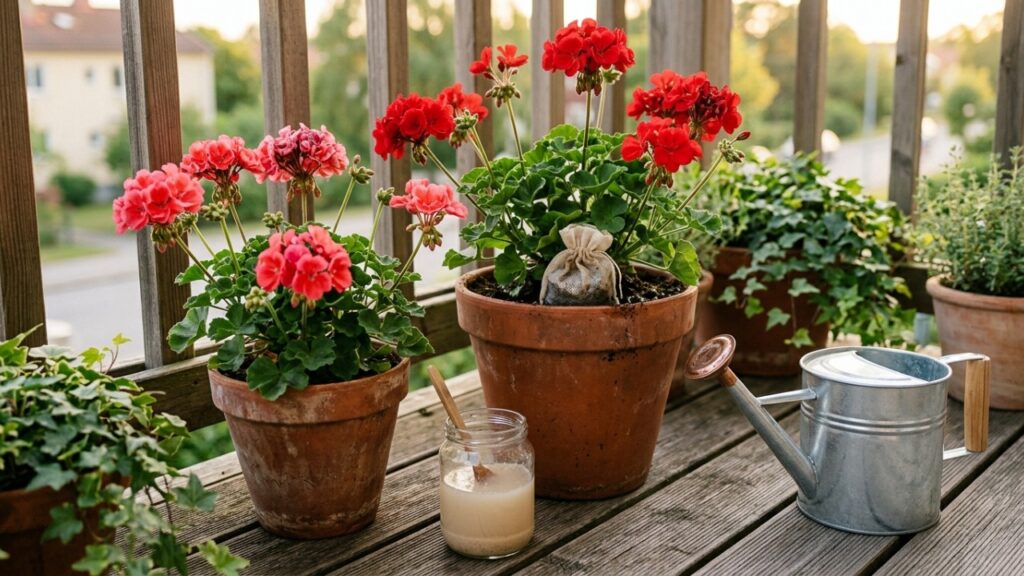 Misture fermento e açúcar na água, dilua corretamente e use nos gerânios: o truque simples que fortalece as raízes e favorece a floração