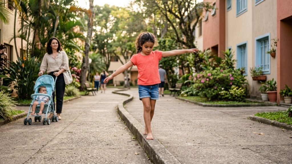 A psicologia diz que crianças que brincam de andar no meio-fio podem desenvolver uma habilidade importante para o futuro de maneira espontânea