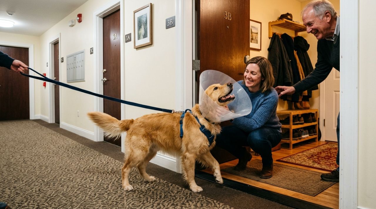 Golden Retriever usando cone entra sem convite na casa de uma mulher em busca de carinho