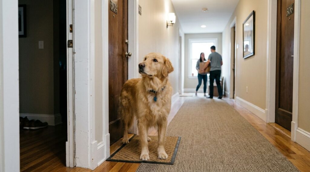 Golden Retriever usando cone entra sem convite na casa de uma mulher em busca de carinho