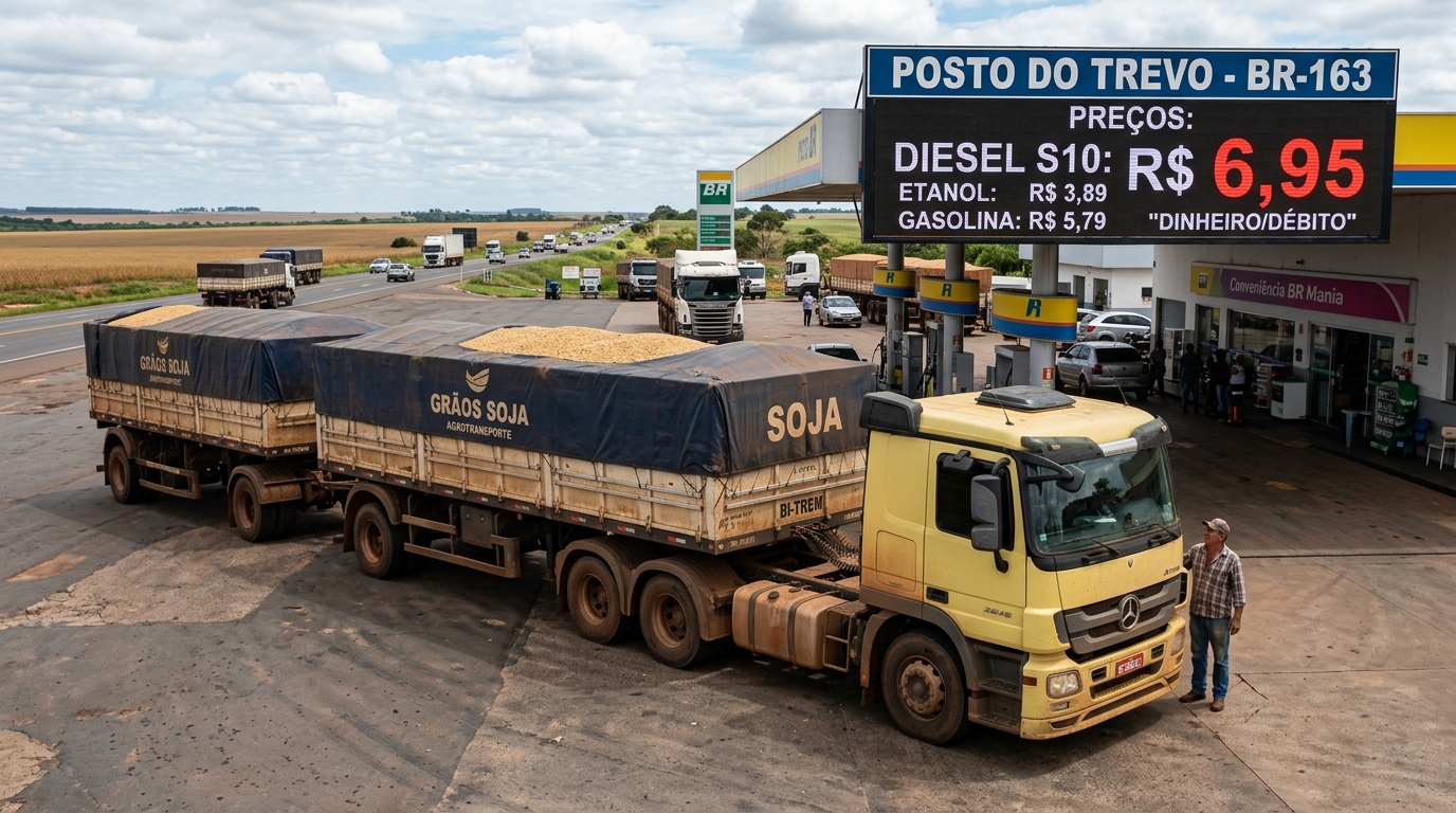 Caminhoneiro autônomo com carreta graneleira roda 14 mil km em julho levando soja do Mato Grosso ao porto de Santos, fatura R$ 52.600 em quatro fretes, mas diesel de R$ 23.800, pedágio de R$ 4.100, pneu estourado de R$ 2.800, refeição e pernoite de R$ 3.600, parcela do cavalo de R$ 6.500 e ANTT de R$ 380 deixam sobrar R$ 11.420, para 22 dias longe de casa