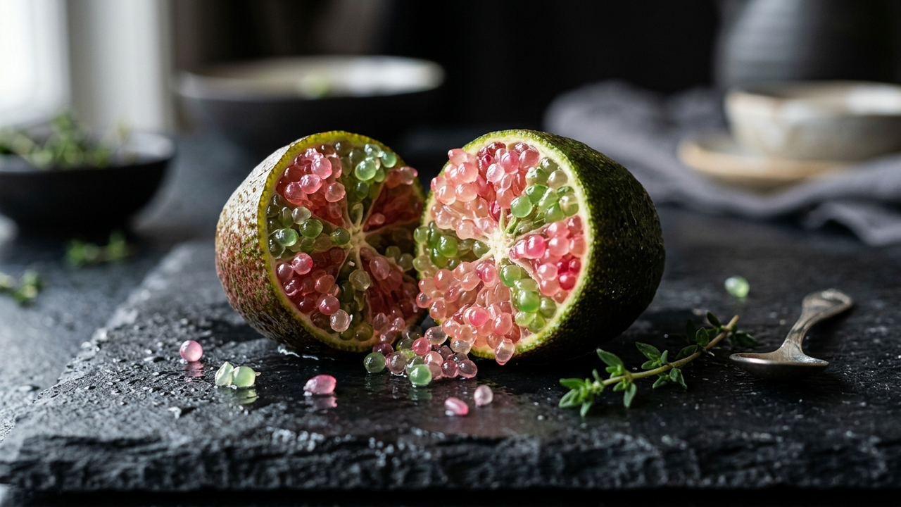 Essa fruta cítrica raríssima é conhecida como limão de luxo e possui gomos que parecem pequenas bolinhas de caviar que estouram na boca