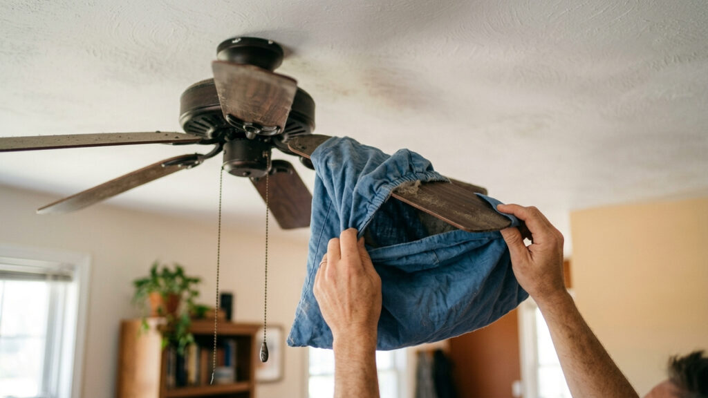 Limpar a lâmina do ventilador do jeito certo: a técnica com uma fronha velha que recolhe toda a poeira presa sem sujar o chão da sala