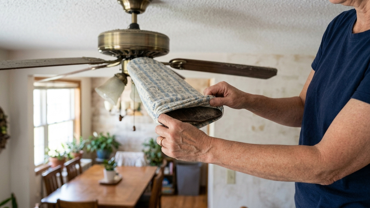 Limpar a lâmina do ventilador do jeito certo: a técnica com uma fronha velha que recolhe toda a poeira presa sem sujar o chão da sala