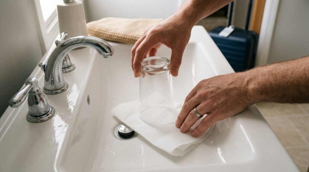 Antes de sair de férias, coloque um copo sobre um pedaço de papel na pia