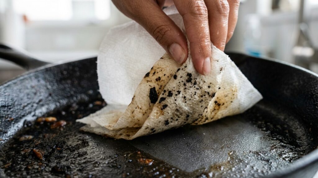 Coloque o papel toalha na frigideira e espere 15 minutos: o truque antigo para remover gordura sem esfregar