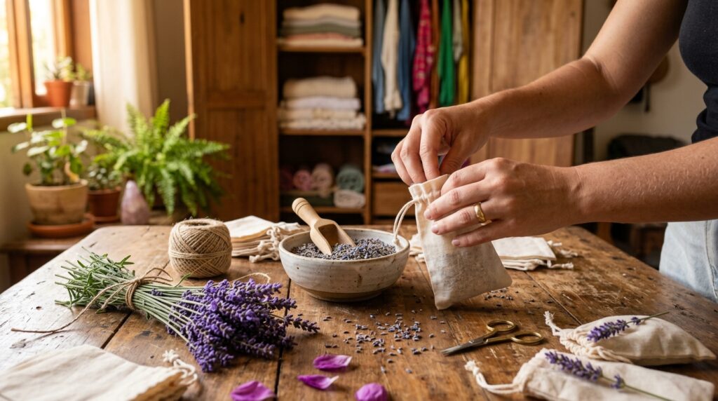 Plantei lavanda num vaso na porta de casa só pelo cheiro, e ela perfumou a entrada, espantou mosquitos naturalmente, floresceu em tons de roxo por meses e rendeu saquinhos aromáticos para o guarda-roupa