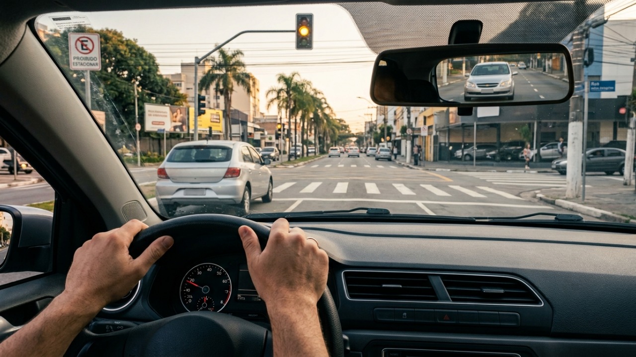 Ao ver o sinal amarelo, o motorista deve parar ou continuar? Uma decisão de segundos pode terminar em multa de R$ 293,47 e 7 pontos na CNH se o veículo avançar no vermelho
