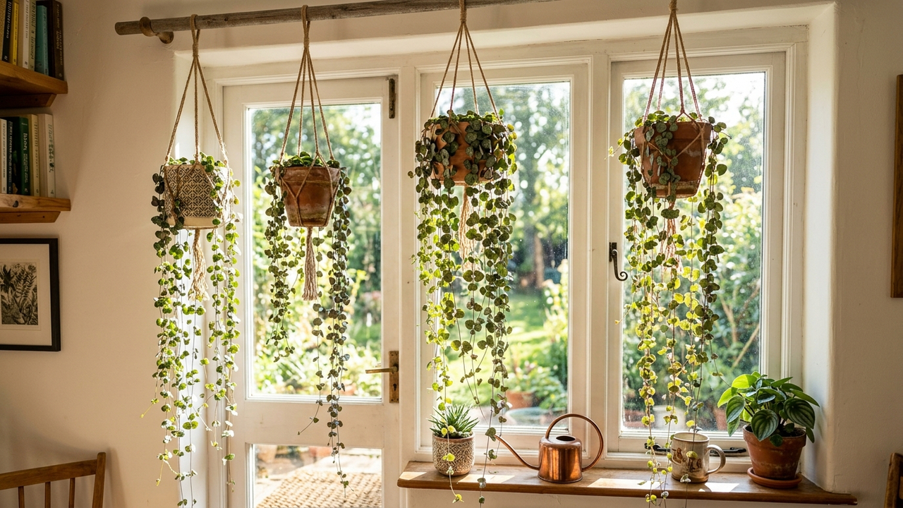 Essa folhagem pendente parece uma cortina de corações e ama a luz da janela: de cultivo fácil, ela é ideal para decorar a sala