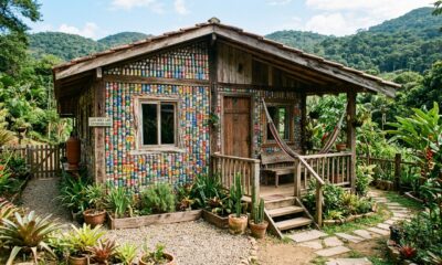 Família usa 20 mil latinhas de alumínio e materiais recicláveis para construir casa colorida que vira ponto turístico no interior
