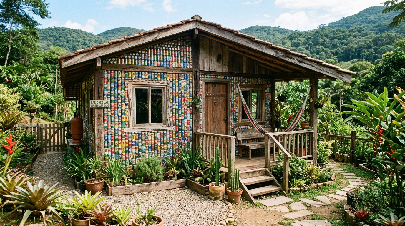 Família usa 20 mil latinhas de alumínio e materiais recicláveis para construir casa colorida que vira ponto turístico no interior