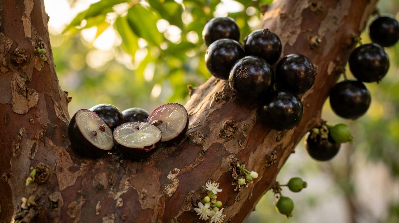 Essa fruta preta nasce grudada no tronco, tem casca rica em antocianinas e pode produzir frutos mais de duas vezes por ano