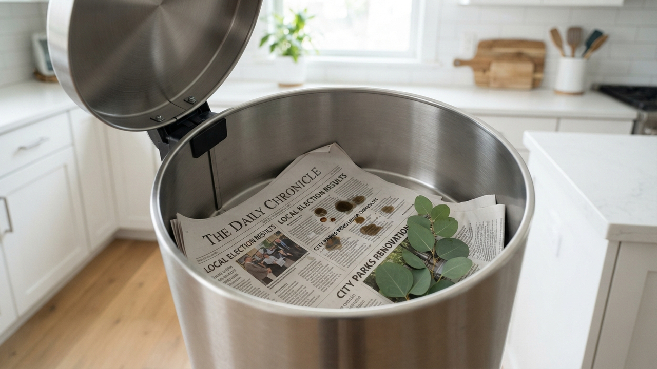 Adeus mau cheiro na lixeira: a técnica simples com jornal e óleo de eucalipto que absorve a umidade e perfuma a cozinha