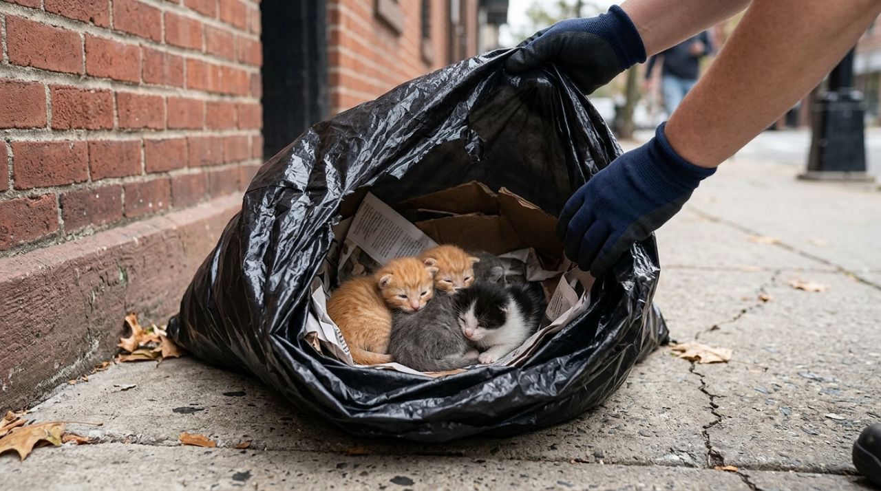 Este saco de lixo estava se movendo e revelou quatro gatinhos recém-nascidos presos dentro