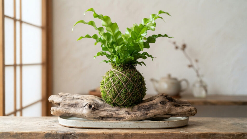 A incrível arte japonesa de cultivar folhagens suspensas em bolas de musgo e argila sem a necessidade de usar vasos de plástico