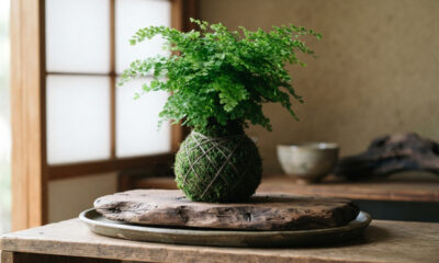 A incrível arte japonesa de cultivar folhagens suspensas em bolas de musgo e argila sem a necessidade de usar vasos de plástico