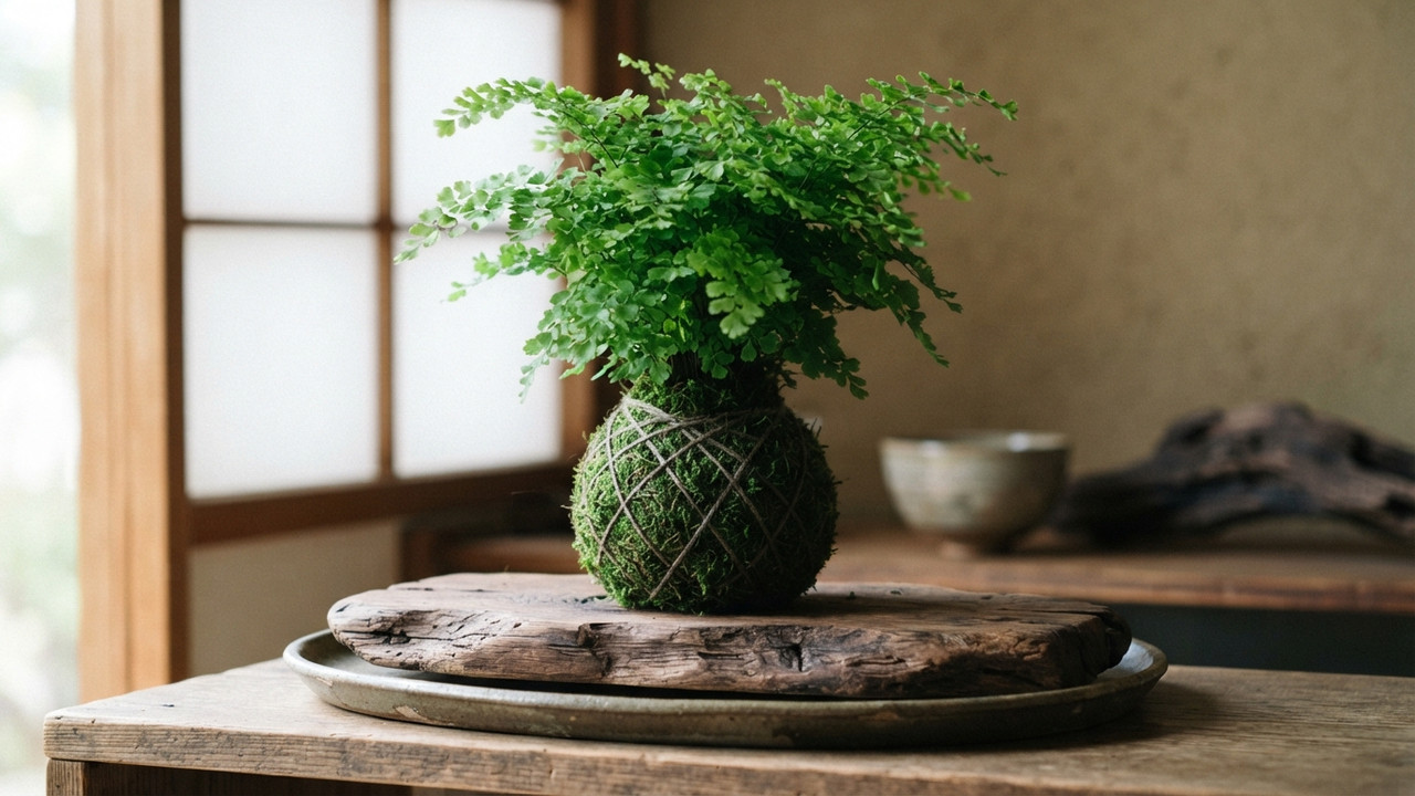 A incrível arte japonesa de cultivar folhagens suspensas em bolas de musgo e argila sem a necessidade de usar vasos de plástico