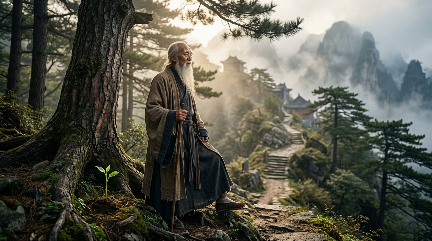 Citação do dia de Laozi: “A árvore que dois braços abraçam nasce de um broto minúsculo; uma jornada de mil milhas começa com um único passo” — uma lição atemporal sobre constância, paciência e o poder dos pequenos começos