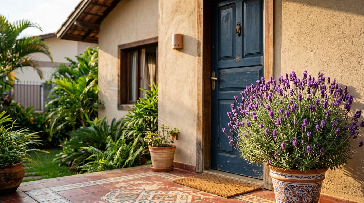 Plantei lavanda num vaso na porta de casa só pelo cheiro, e ela perfumou a entrada, espantou mosquitos naturalmente, floresceu em tons de roxo por meses e rendeu saquinhos aromáticos para o guarda-roupa