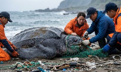 Tartaruga-gigante de 248 quilos é encontrada com uma rede de pesca de 8 metros presa no esôfago, e resgate revela o impacto do lixo no oceano