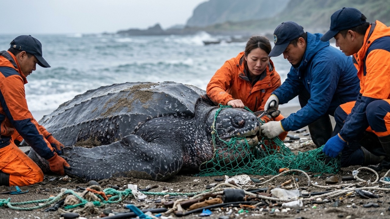 Tartaruga-gigante de 248 quilos é encontrada com uma rede de pesca de 8 metros presa no esôfago, e resgate revela o impacto do lixo no oceano