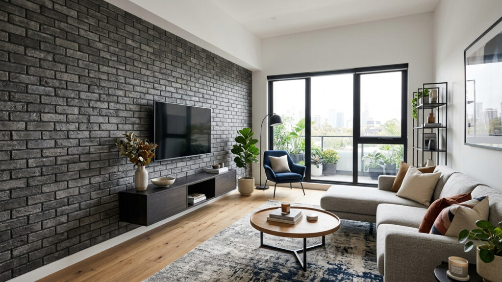 Adeus parede sem graça na sala: a nova técnica com papel adesivo de tijolo aparente para criar um painel estilo loft urbano em um fim de semana