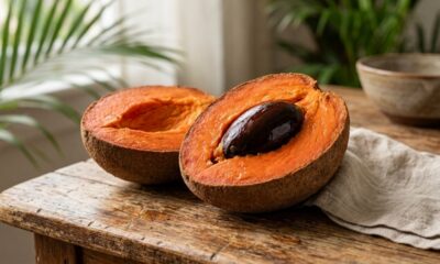 Essa fruta de polpa laranja tem sabor de doce de abóbora com baunilha e nasce em uma árvore tropical de frutos grandes