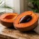 Essa fruta de polpa laranja tem sabor de doce de abóbora com baunilha e nasce em uma árvore tropical de frutos grandes