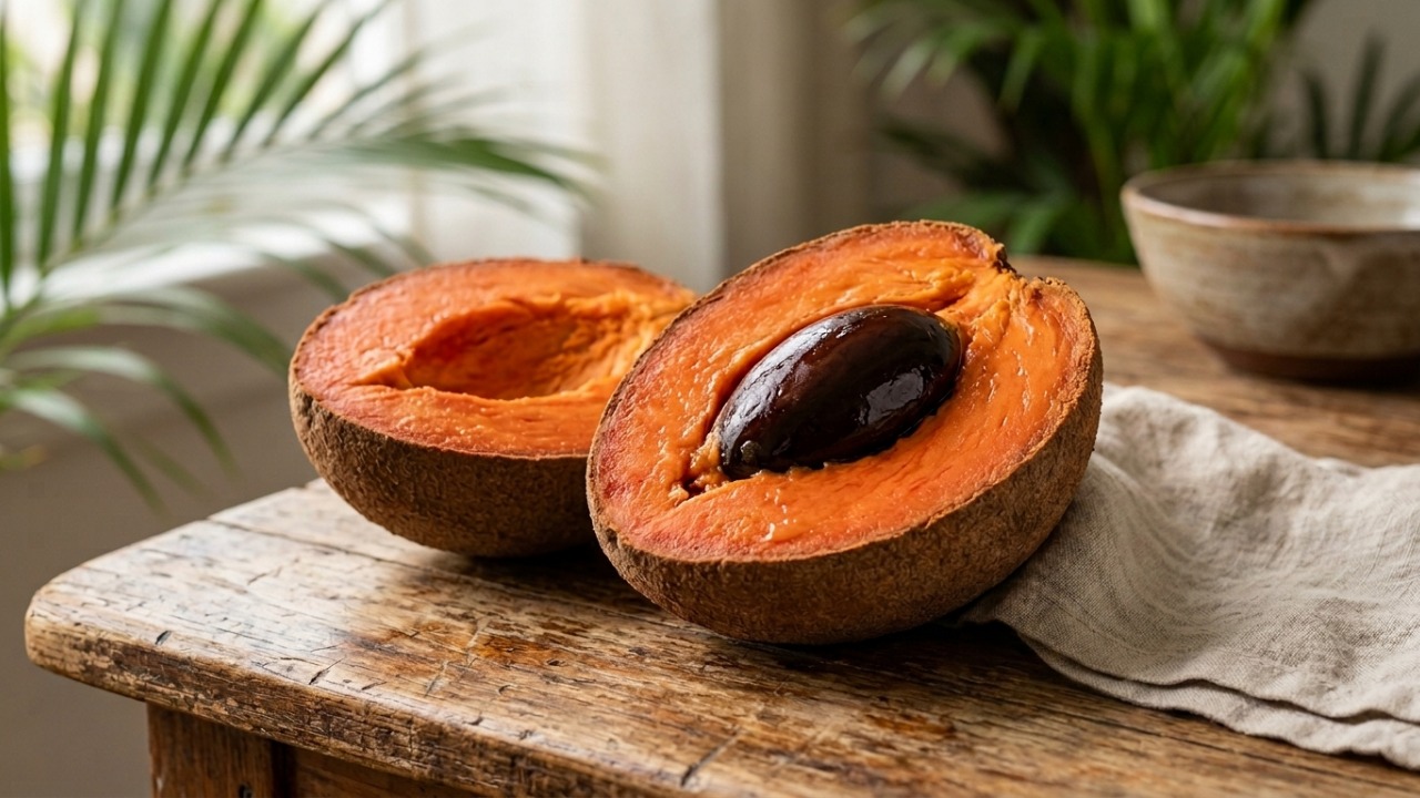 Essa fruta de polpa laranja tem sabor de doce de abóbora com baunilha e nasce em uma árvore tropical de frutos grandes