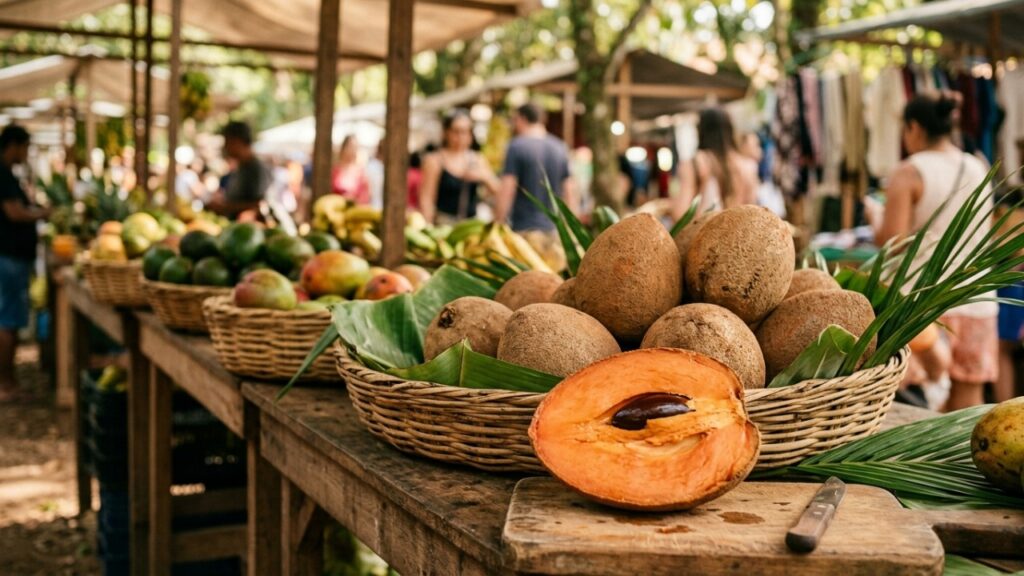 Essa fruta de polpa laranja tem sabor de doce de abóbora com baunilha e nasce em uma árvore tropical de frutos grandes
