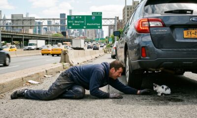 Homem rasteja para debaixo de carro em rodovia movimentada para salvar um gatinho