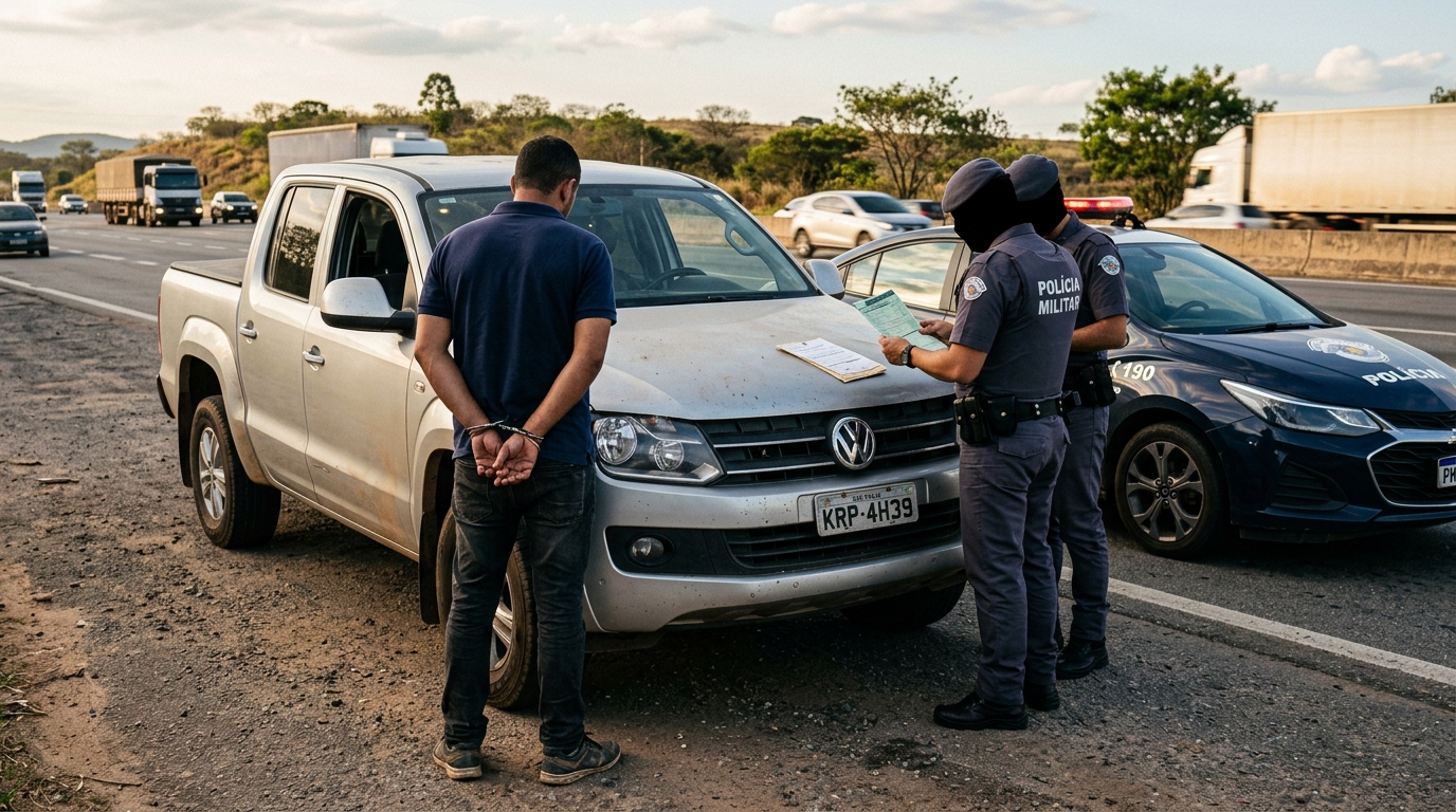 Cliente compra uma caminhonete de R$ 90 mil em loja de usados, horas depois é abordado e algemado na estrada por causa de um alarme antifurto que a loja esqueceu de desativar: a empresa acionou a polícia achando que o carro foi roubado e o comprador acaba preso dirigindo o próprio veículo, mas a justiça reconhece o dano moral e ele é indenizado