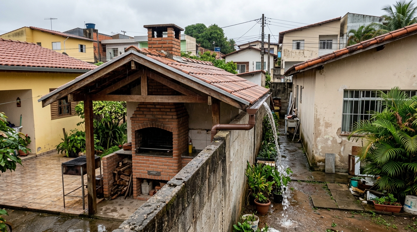 Vizinho estende a churrasqueira e a puxada do telhado por cima do muro para aproveitar melhor o quintal, mas a construção que avança sobre o "espaço aéreo" do terreno ao lado vira caso de direito de vizinhança na Justiça