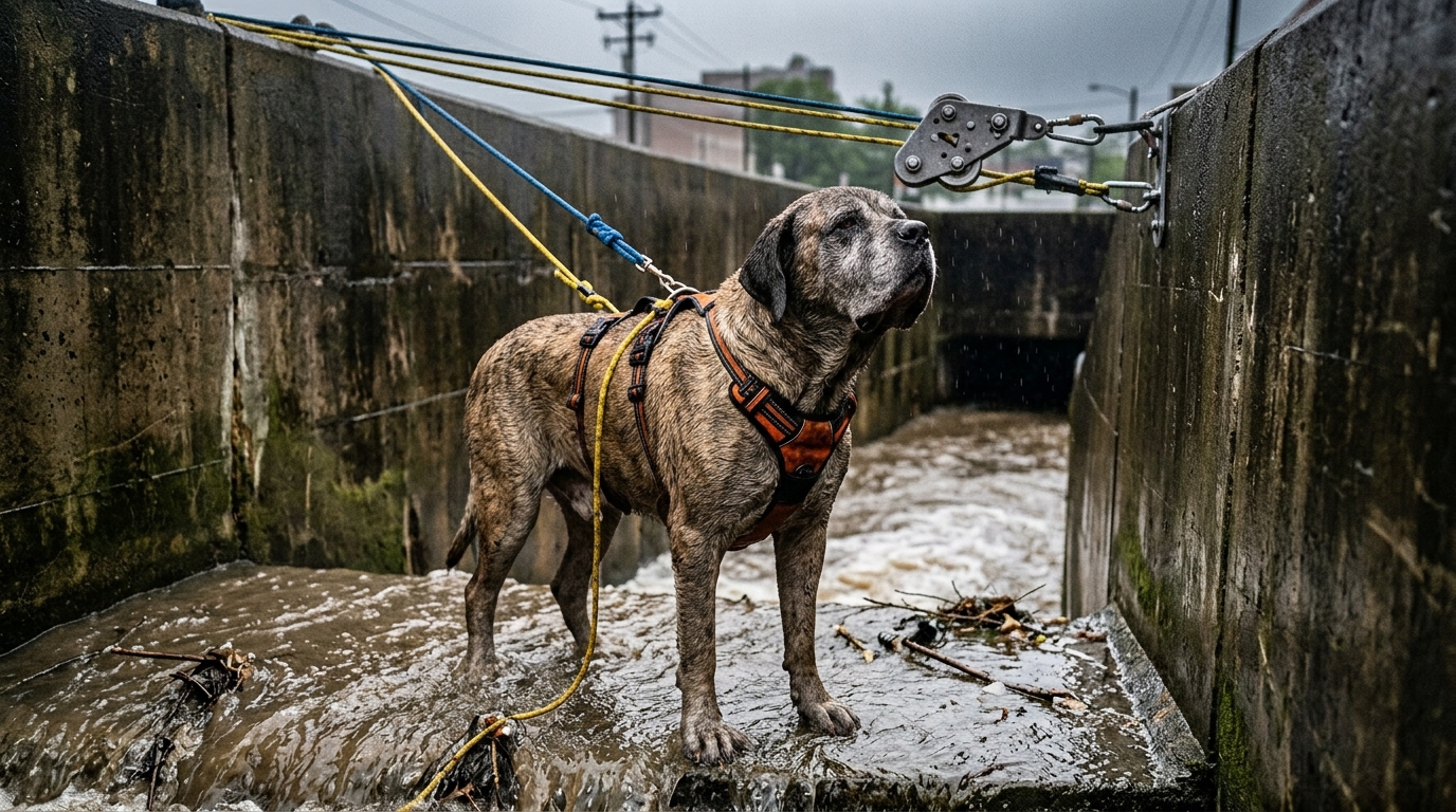 Cachorro tenta escapar de canal enquanto a enchente avança rapidamente