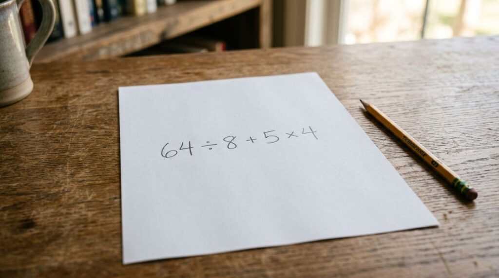 A conta 64 ÷ 8 + 5 × 4 testa se você ainda lembra a regra da escola