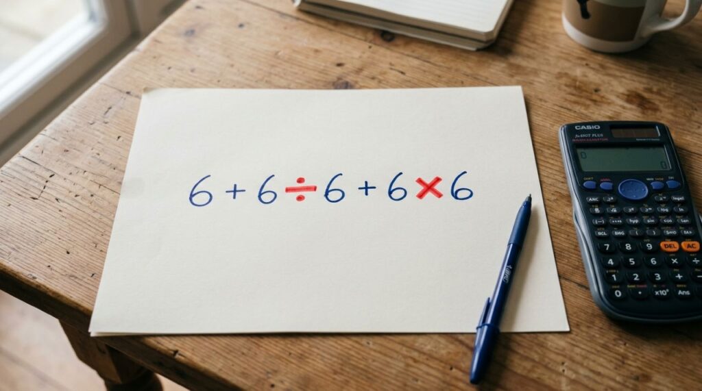 Você consegue resolver 6 + 6 ÷ 6 + 6 × 6 sem usar calculadora?