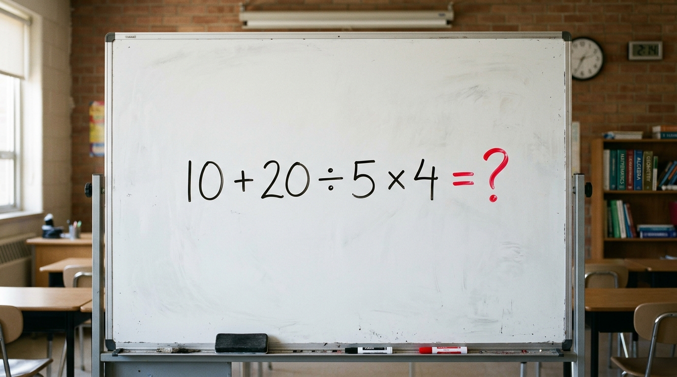 O cálculo 10 + 20 ÷ 5 × 4 parece fácil, mas poucos acertam de primeira