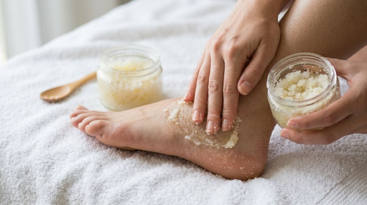 Esfoliar os pés com açúcar e óleo de coco ajuda a remover a pele grossa dos calcanhares e renovar a aparência da pele