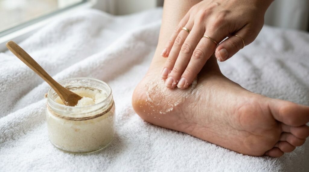 Esfoliar os pés com açúcar e óleo de coco ajuda a remover a pele grossa dos calcanhares e renovar a aparência da pele